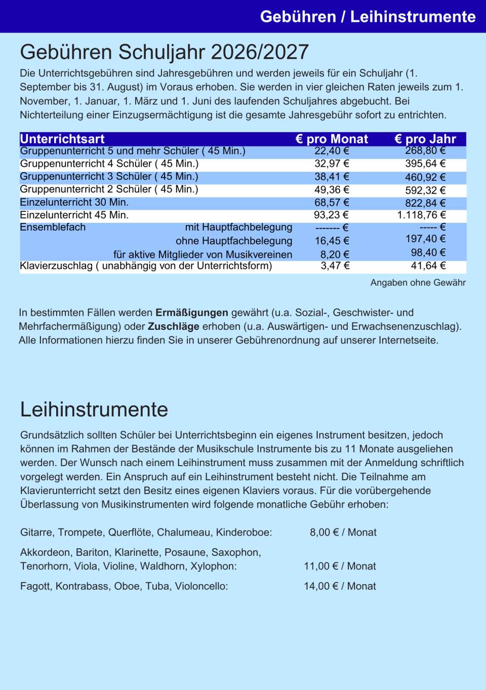 Gebühren Schuljahr 2026-2027 für Homepage